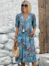 dresses : Robe Midi Fleurie Légère à Col en V avec Poches Femme in Bleu van Seroa