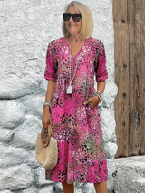 dresses : Robe Midi Fleurie Légère à Col en V avec Poches Femme in Rose van Seroa