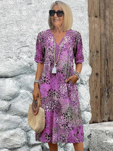 dresses : Robe Midi Fleurie Légère à Col en V avec Poches Femme in Pourpre van Seroa