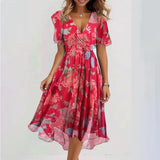 dresses : Robe Portefeuille Fleurie Midi en Chiffon pour Femme - Imprimé in Rose van Seroa