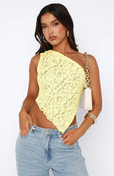 top blouses : Crop Top Femme Élégant Dentelle Vert Asymétrique in Jaune van Seroa