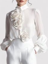 top blouses : Blouse Élégante Transparente avec Appliqués Floraux 3D Femme in van Seroa