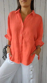 top blouses : Chemise Blanche Femme en Lin Décontractée - Confortable et Élégante in Orange van Seroa