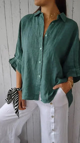top blouses : Chemise Blanche Femme en Lin Décontractée - Confortable et Élégante in Vert van Seroa
