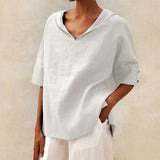 top blouses : Haut en Lin à Col en V et Coupe Ample Décontractée Femme in Blanc van Seroa