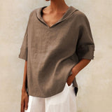 top blouses : Haut en Lin à Col en V et Coupe Ample Décontractée Femme in Kaki van Seroa