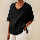 top blouses : Haut en Lin à Col en V et Coupe Ample Décontractée Femme in Noir van Seroa
