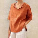 top blouses : Haut en Lin à Col en V et Coupe Ample Décontractée Femme in Orange van Seroa