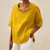 top blouses : Haut en Lin à Col en V et Coupe Ample Décontractée Femme in Jaune van Seroa