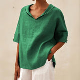 top blouses : Haut en Lin à Col en V et Coupe Ample Décontractée Femme in Vert van Seroa