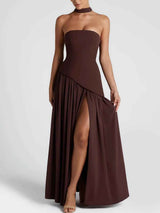 Maxi Dress : Robe longue fluide fendue femme - Élégante, confortable, sans bretelles avec ruban in van Seroa