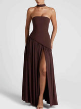Maxi Dress : Robe longue fluide fendue femme - Élégante, confortable, sans bretelles avec ruban in van Seroa