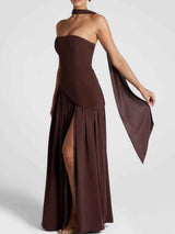 Maxi Dress : Robe longue fluide fendue femme - Élégante, confortable, sans bretelles avec ruban in van Seroa