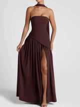 Maxi Dress : Robe longue fluide fendue femme - Élégante, confortable, sans bretelles avec ruban in van Seroa