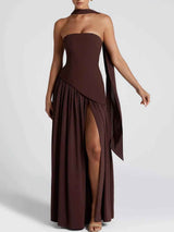 Maxi Dress : Robe longue fluide fendue femme - Élégante, confortable, sans bretelles avec ruban in van Seroa