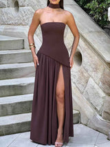 Maxi Dress : Robe longue fluide fendue femme - Élégante, confortable, sans bretelles avec ruban in van Seroa