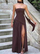 Maxi Dress : Robe longue fluide fendue femme - Élégante, confortable, sans bretelles avec ruban in van Seroa