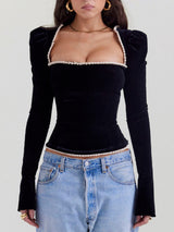 top blouses : Top Corset Élégant en Velours avec Manches Bouffantes et Dos Lacé in Noir van Seroa