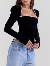 top blouses : Top Corset Élégant en Velours avec Manches Bouffantes et Dos Lacé in van Seroa
