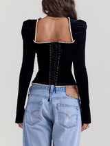 top blouses : Top Corset Élégant en Velours avec Manches Bouffantes et Dos Lacé in van Seroa