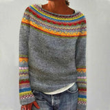 Pull Femme Col Bateau Rayé Rétro Tricoté Coton Doux