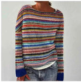 Pull Femme Col Bateau Rayé Rétro Tricoté Coton Doux