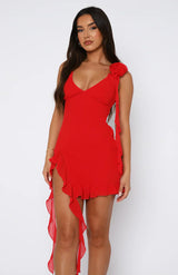 dresses : Robe Courte Femme Floral Asymétrique in Rouge van Seroa