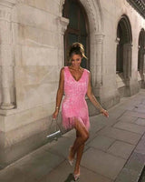 Mini dresses : Robe soirée femme courte à franges brillantes sans manches in van Seroa