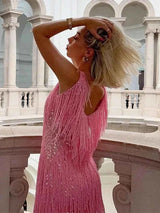 Mini dresses : Robe soirée femme courte à franges brillantes sans manches in van Seroa