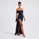 Maxi dresses : Robe Longue Femme Épaules Dénudées & Fente Élégante - Idéale in Bleu van Seroa