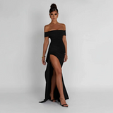 Maxi dresses : Robe Longue Femme Épaules Dénudées & Fente Élégante - Idéale in Noir van Seroa