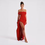 Maxi dresses : Robe Longue Femme Épaules Dénudées & Fente Élégante - Idéale in Rouge van Seroa