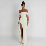 Maxi dresses : Robe Longue Femme Épaules Dénudées & Fente Élégante - Idéale in Blanc van Seroa