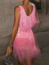 Mini dresses : Robe soirée femme courte à franges brillantes sans manches in Rose van Seroa