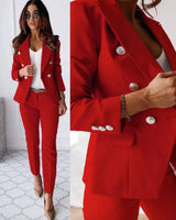 Sets : Tailleur Femme Élégant Double Boutonnage - Ensemble Veste & Pantalon Ajusté in Rouge van Seroa