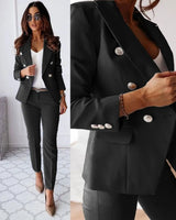 Sets : Tailleur Femme Élégant Double Boutonnage - Ensemble Veste & Pantalon Ajusté in Noir van Seroa
