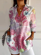 top blouses : Blouse femme élégante en coton bleu océan, manches longues boutonnées pour le bureau in Rose van Seroa