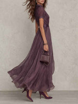 : Robe longue violette pour femmes avec dentelle et taille plissée pour les fêtes in van Seroa
